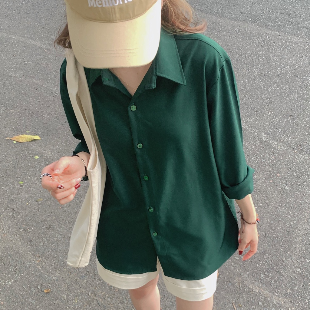 Áo Sơ Mi Tay Dài Xanh Lá Form Rộng Nam Nữ Unisex