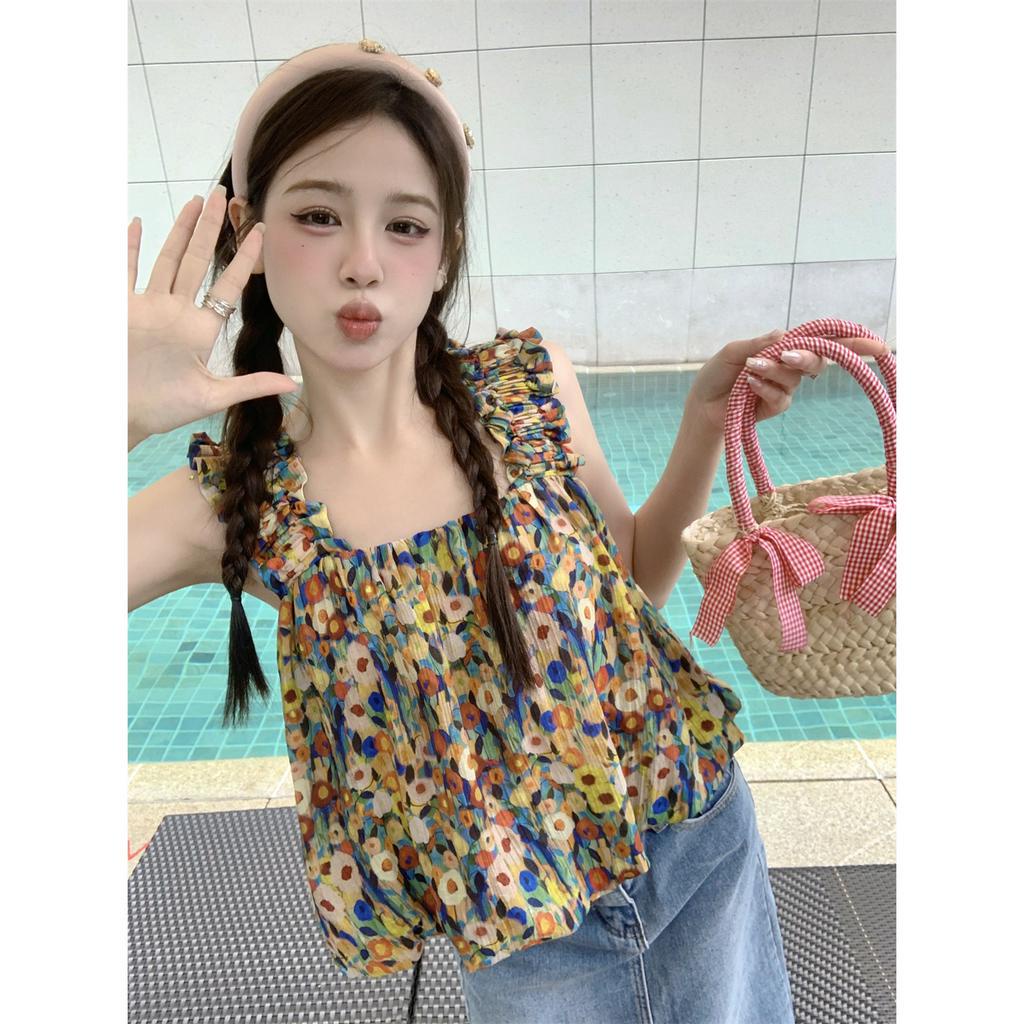 Xiaozhaniv Áo Tank Top Hai Dây Dáng Rộng Họa Tiết Tranh Sơn Dầu Hoa Kiểu Pháp Ngọt Ngào Cho Nữ