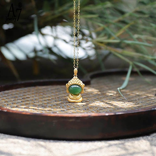 Vòng cổ Mạ Bạc 925 Mặt Hình Phật Đính Ngọc Bích Thời Trang Cho Nữ