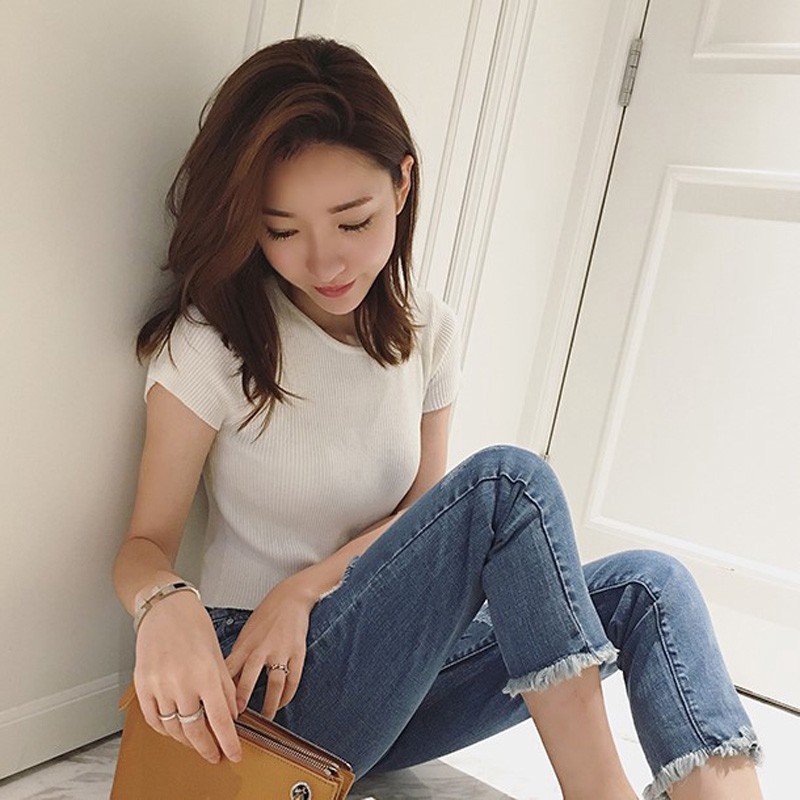 SUXI Áo thun nữ ngắn tay màu trơn phong cách Hàn Quốc
