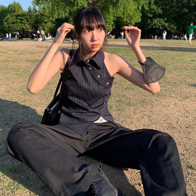 Áo Thun Polo Không Tay Họa Tiết Kẻ Sọc Thời Trang Sành Điệu Cho Nữ