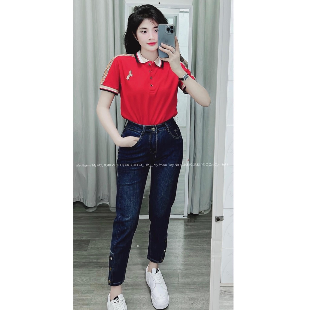 Áo phông polo thêu ngựa đỏ phối bbr Áo thun nữ