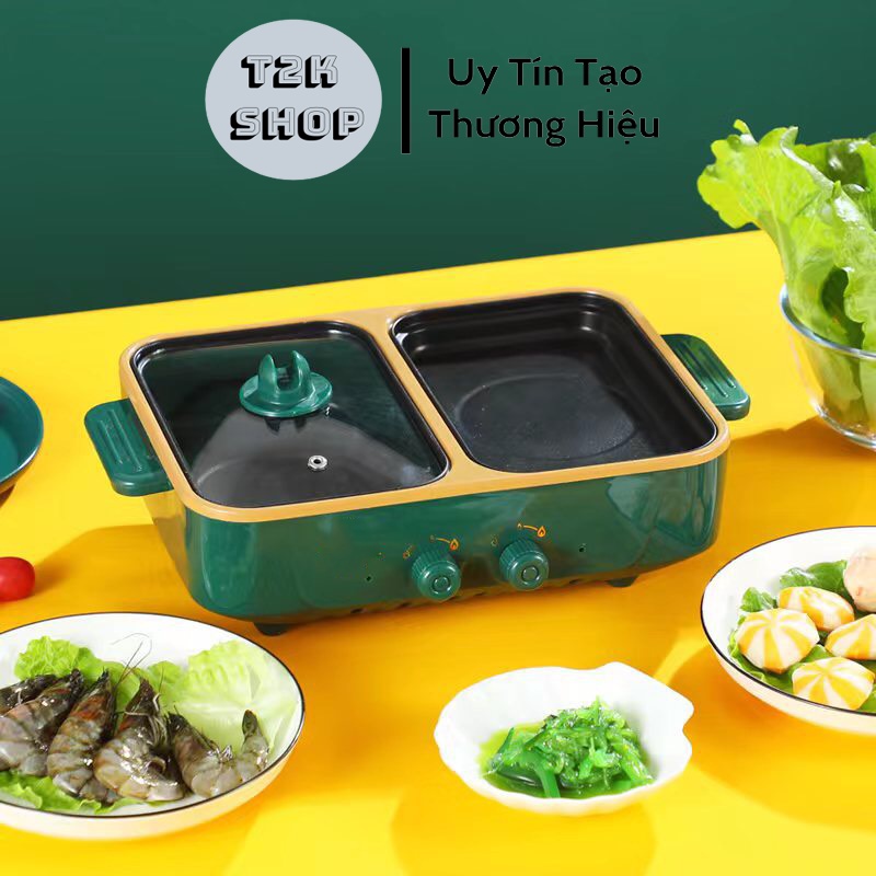 Bếp Lẩu Nướng Điện Mini 2 Nấc Nhiệt - Nồi Lẩu Nướng 2 Ngăn Tách Rời Chống Dính Không Khói - T2K Shop