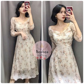 [Ảnh thật] Đầm maxi voan hoa nhí tay nhúng vintage