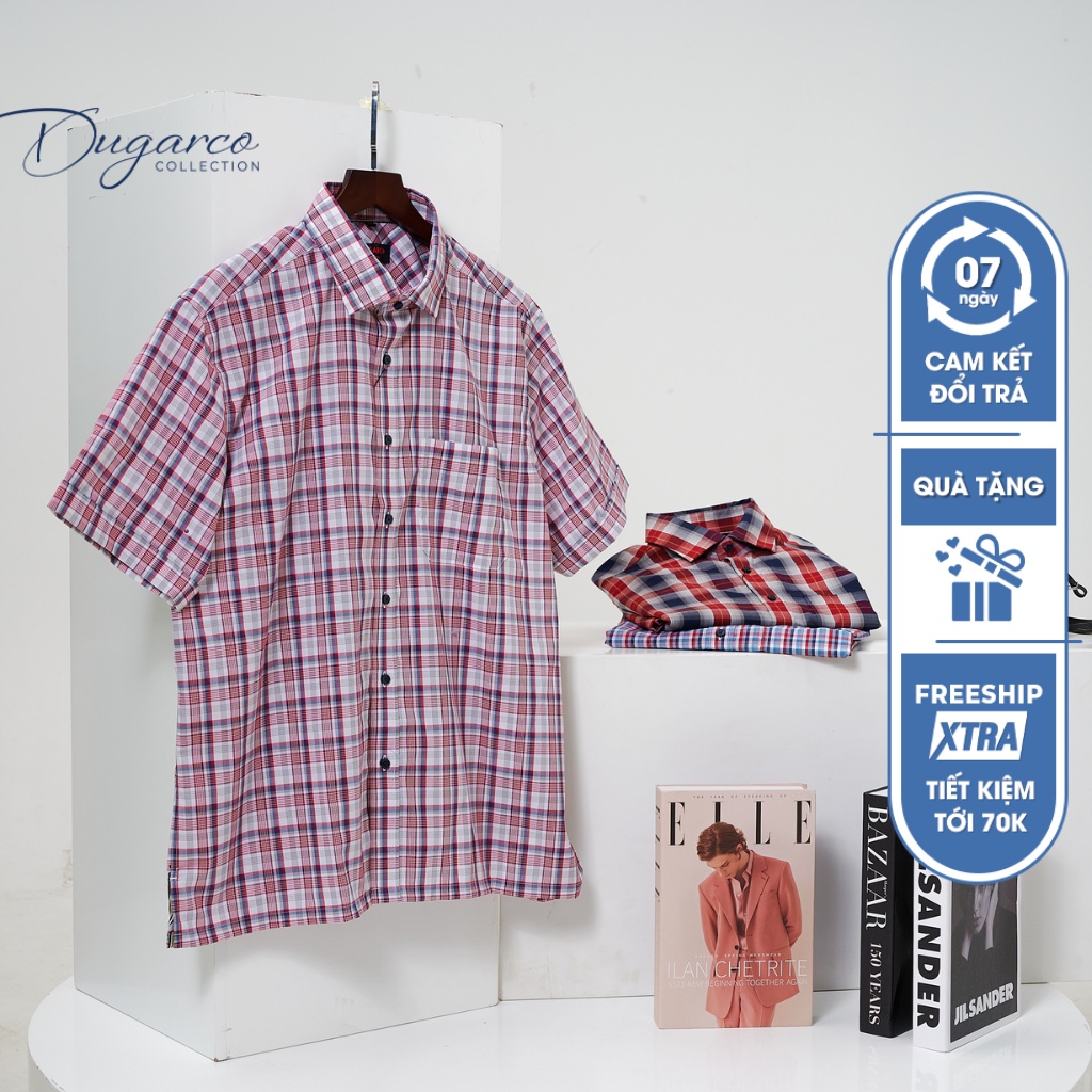 Áo sơ mi DUGARCO nam tay ngắn dáng Regular fit, họa tiết kẻ caro, chất liệu cotton 202SMS21050