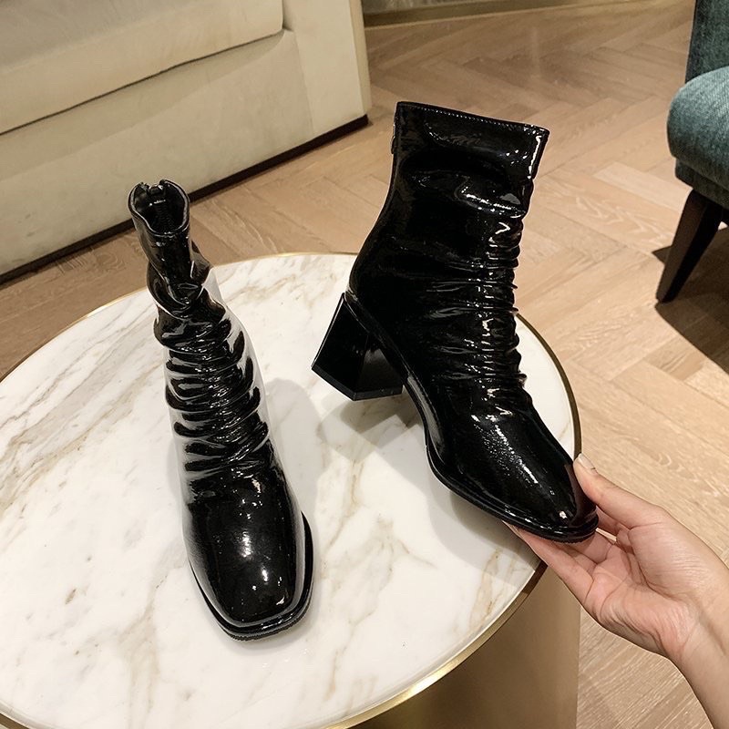 BOOT NỮ BÓNG DA NHĂN ĐẾ VUÔNG CAO SIÊU HOT