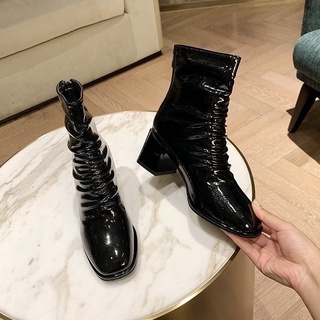 BOOT NỮ BÓNG DA NHĂN ĐẾ VUÔNG CAO SIÊU HOT