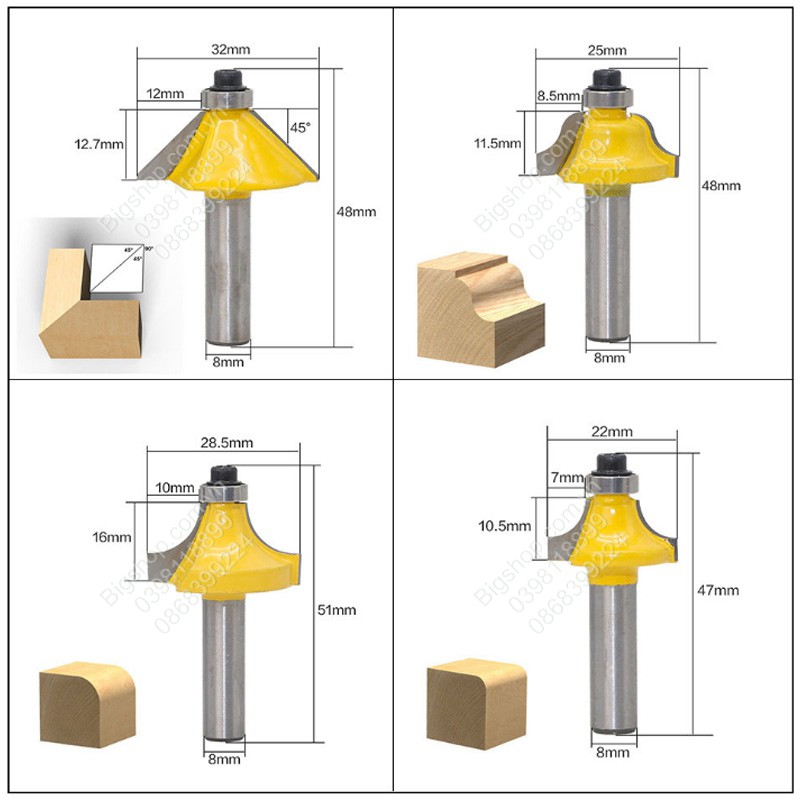 Bộ 12 mũi phay soi gỗ các loại cốt 8mm