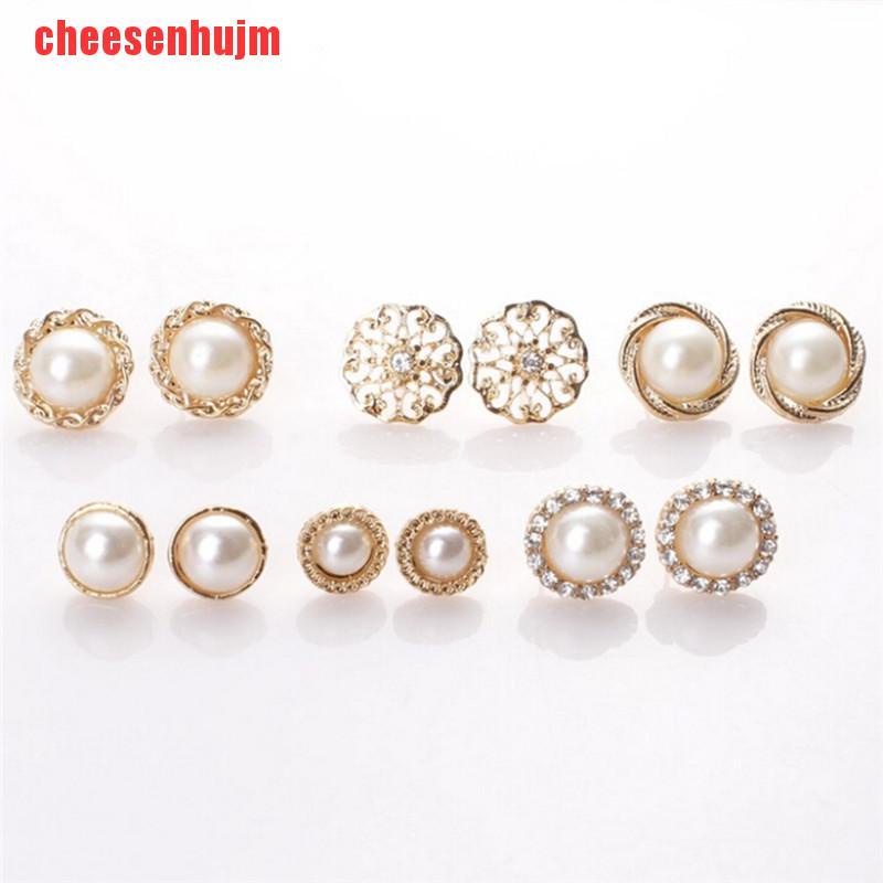 [cheesenhujm]6 Pairs Elegant Crystal Rhinestone Diamond Pearl Sign Ears Tiny Studs Earrings