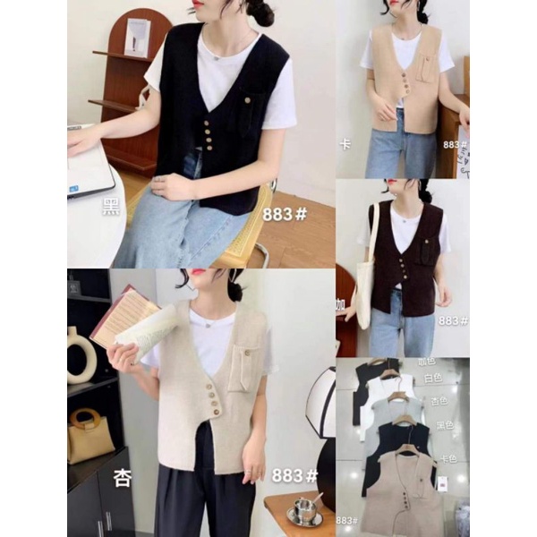 Áo khoác len ghile dáng ngắn phối nút túi cá tính.