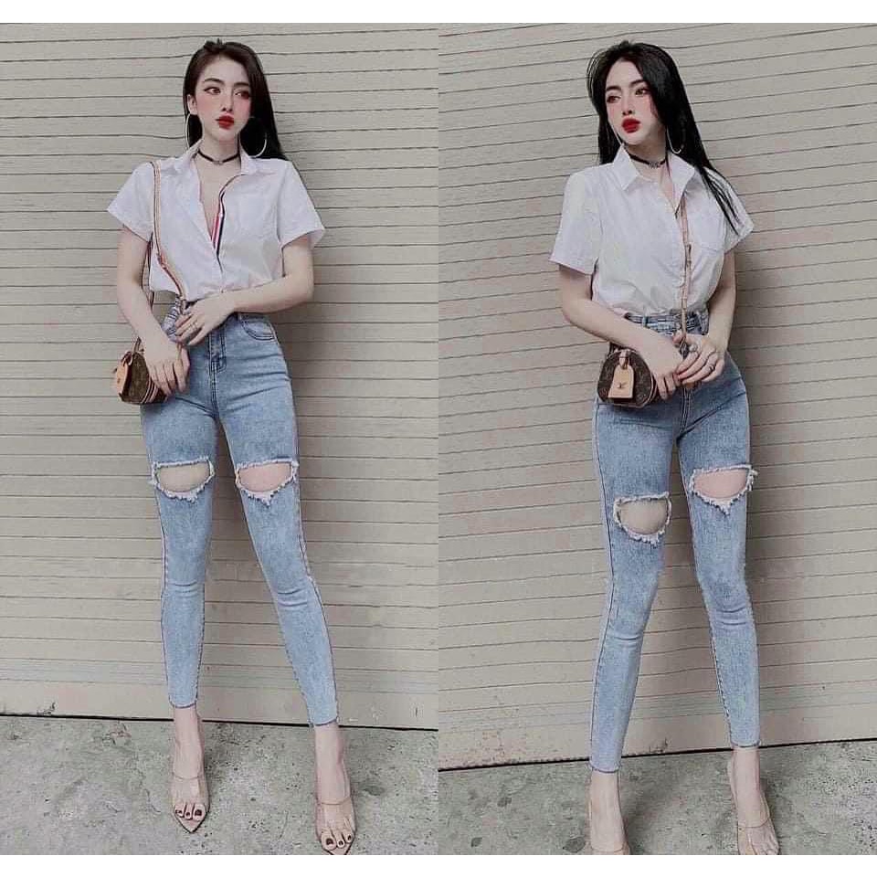 Quần Jean Nữ Rách 2 Đùi Quần Bò Hách Dáng Chất Co Giãn DH222