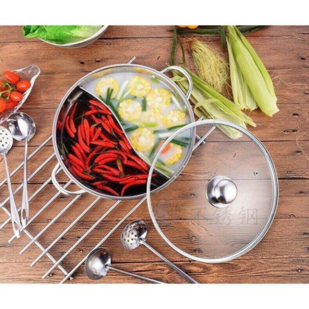 Nồi lẩu Hot Pot 2 ngăn inox-Nôi lẩu size lớn 30cm-Nồi lẩu 2 ngăn dầy dặn nấu được bếp từ cao cấp