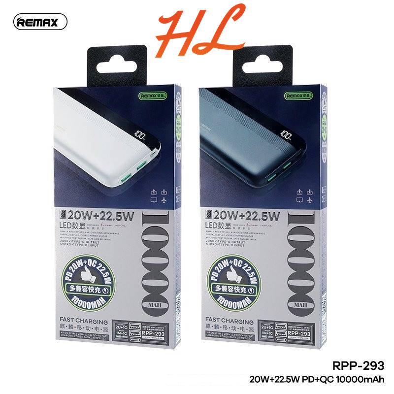 Pin Sạc Dự Phòng Remax RPP-293 10000mAh (2 Inputs 3 Outputs, TypeC PD20W, USB 22.5W) - Hưng Long PC