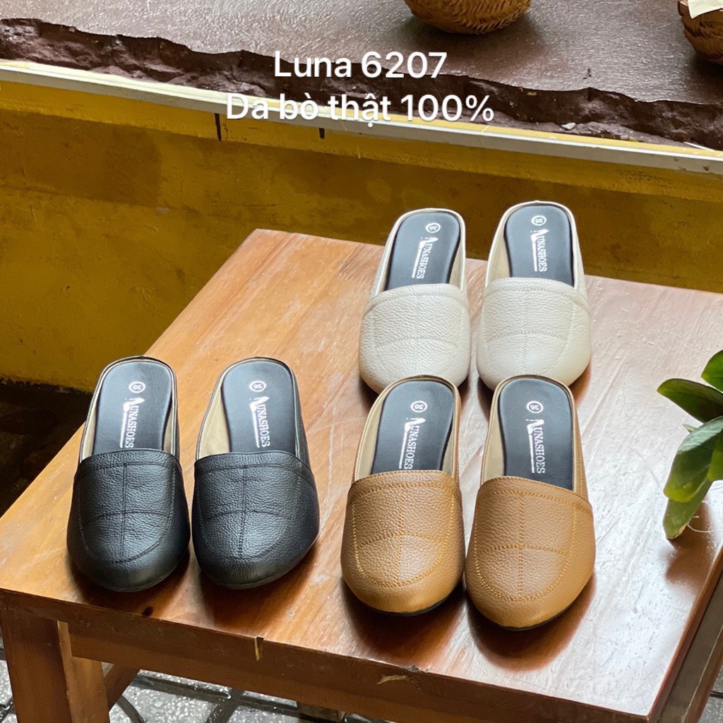 Giày sục nữ 3p LUNASHOES 32303 hở gót mũi tròn da bò mềm dễ đi phối đồ đẹp