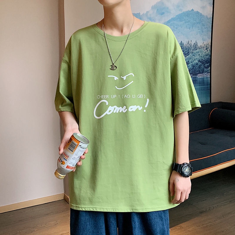 Men's Short-SleevedTT-shirt Cotton Loose TrendyinsHong Kong Style Student All-Matching and Handsome T-shirt Summer Menswear Top AyQS