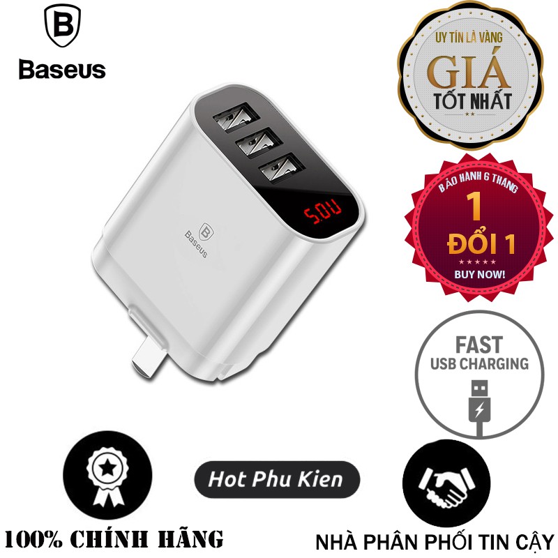 Củ cốc sạc nhanh Baseus Mirror Travel Chip IC thông minh điều chỉnh dòng điện 3 cổng USB (Đầu dẹt) (Bảo Hành 6 tháng)