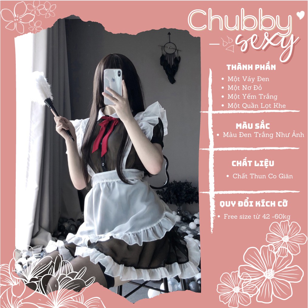 Cosplay Sexy Hầu Gái - Siêu phẩm set đồ cô hầu gái ren đen yếm trắng nơ đỏ - CPL16 - Chubby.sexy