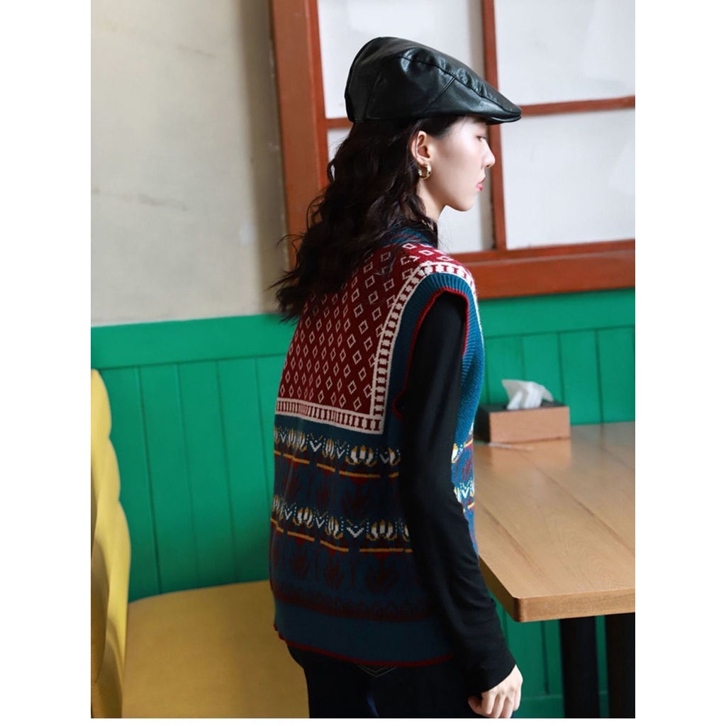 Áo len không tay cổ chữ v form rộng họa tiết hoa phong cách retro Hàn quốc