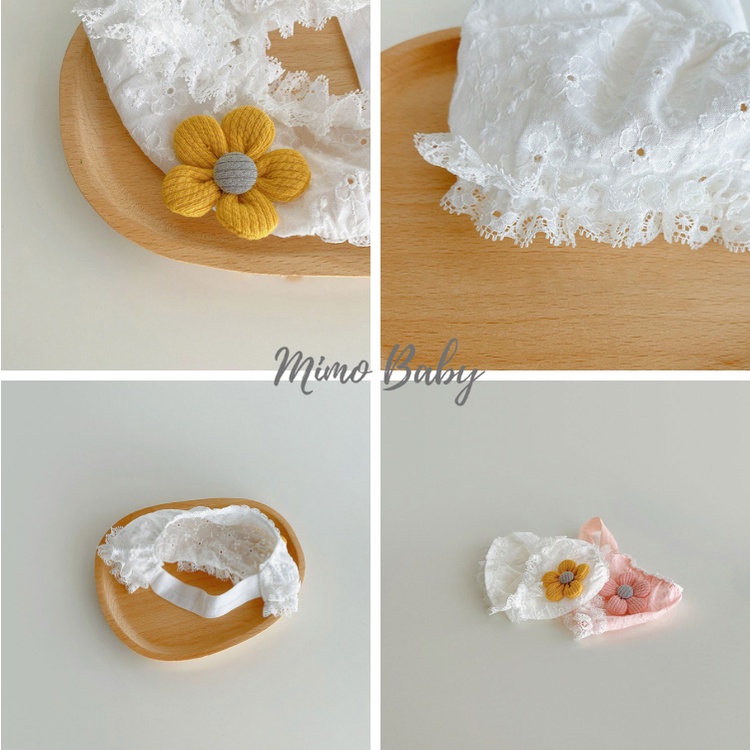 Mũ nón che thóp vải đũi phối ren đính hoa vàng xinh xắn cho bé gái MH184 Mimo Baby