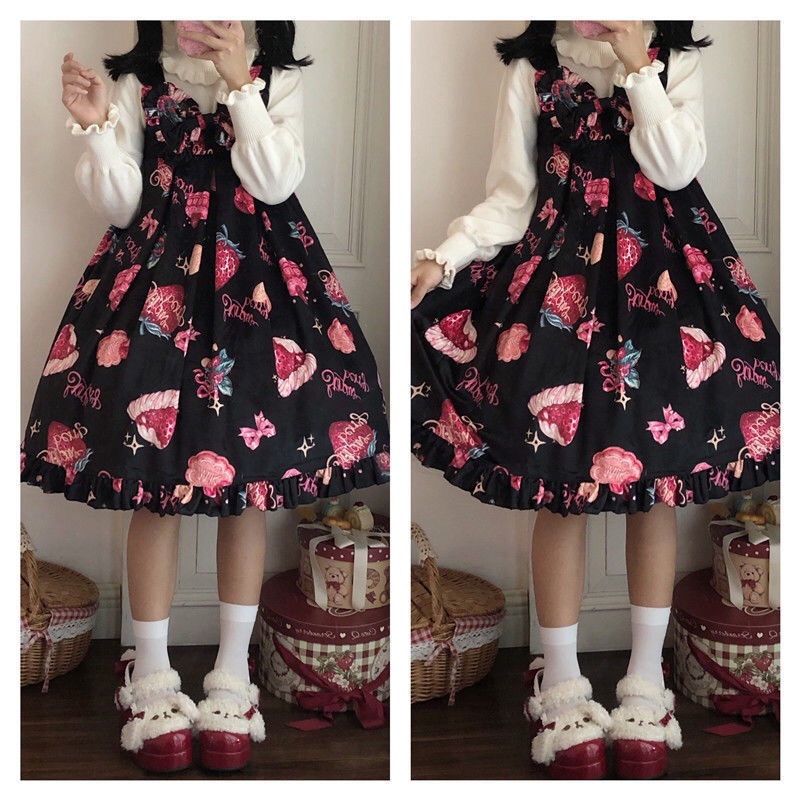 Đầm Hai Dây Họa Tiết Trái Dâu Phong Cách Lolita