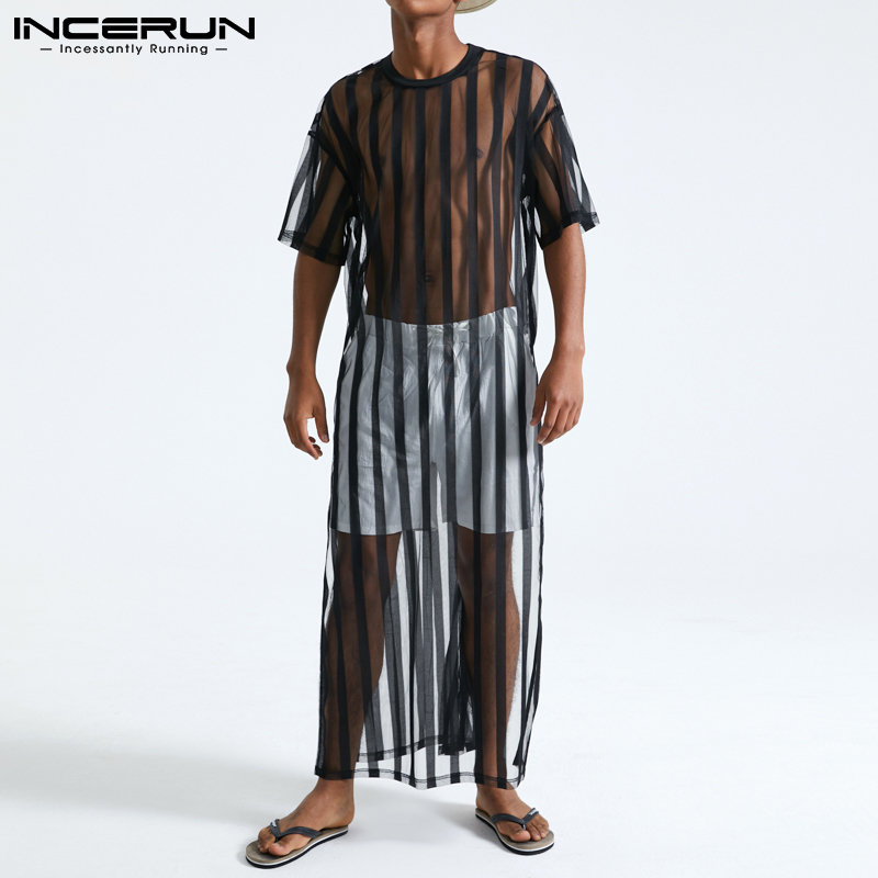 INCERUN Mens Sexy Transparent Striped Round Neck Short Sleeve Long Tops