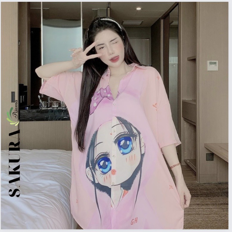 Váy sơ mi dáng dài xuông bigsize thiết kế lụa ngủ cao cấp chất lụa mango SAKURA BK