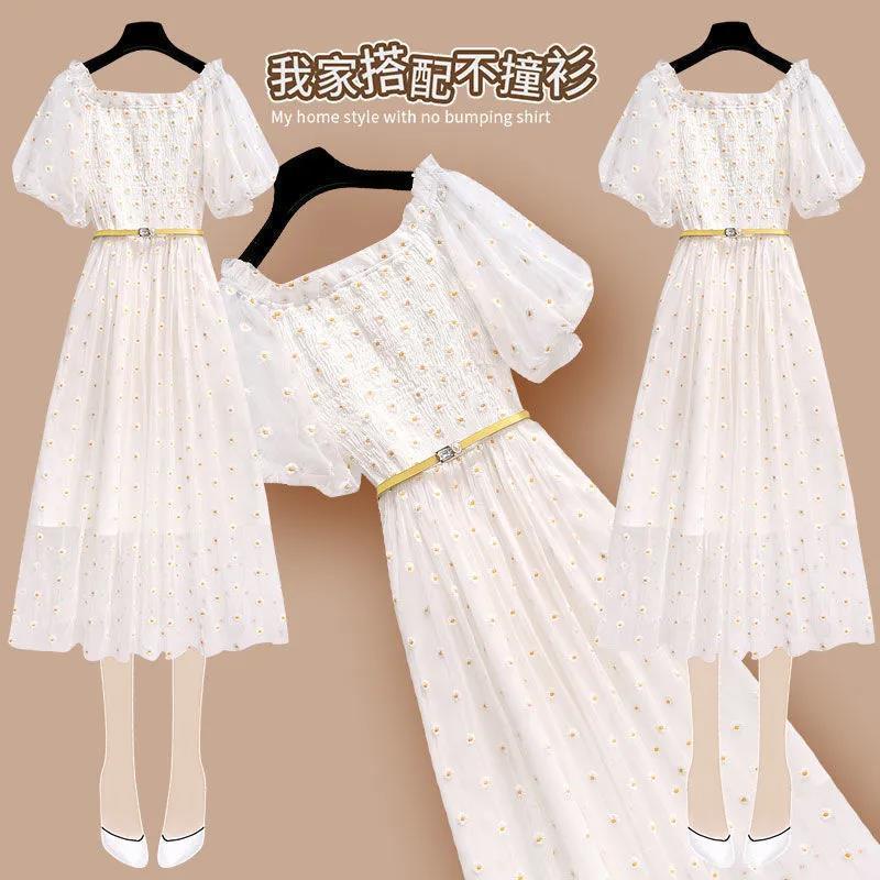 2022 new summer fashion dress women's middle and long cut waist thin white blue mesh bubble sleeve skirt