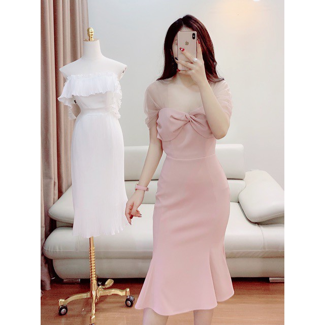 [ xả kho ] MiD Đầm hồng đuôi cá tay lưới V1113 Mie Design ảnh thật