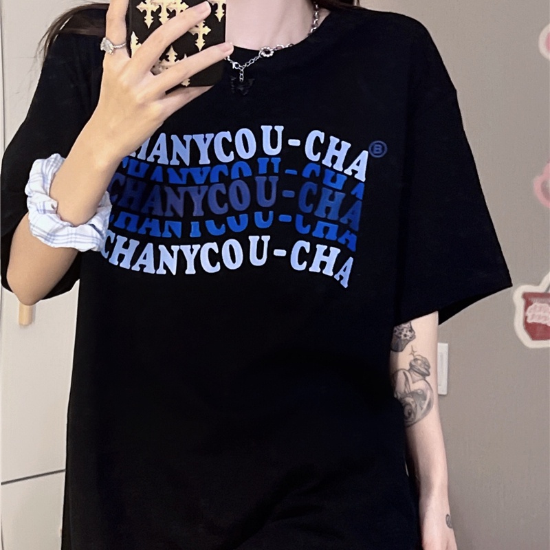 SUXI Áo Thun Ngắn Tay Cổ Tròn Dáng Rộng In Chữ Thời Trang Mùa Hè Cho Nữ