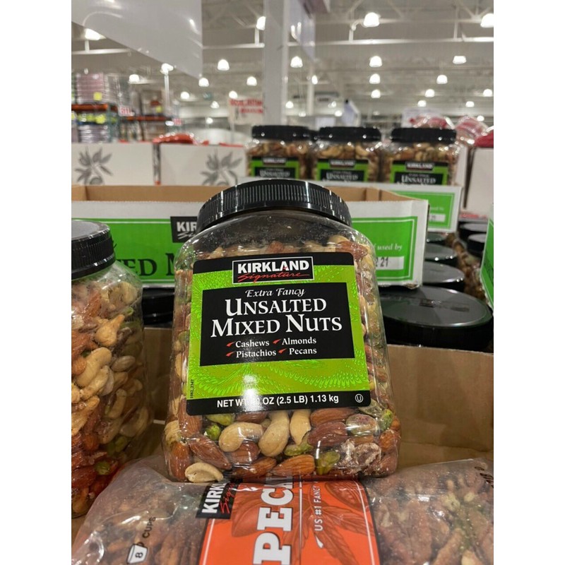 hạt hỗn hợp Kirkland Unsalted Mixed Nut gồm hạt hạnh nhân, hạt óc chó, hạt điều , hạt dẻ, hộp 1.13kg