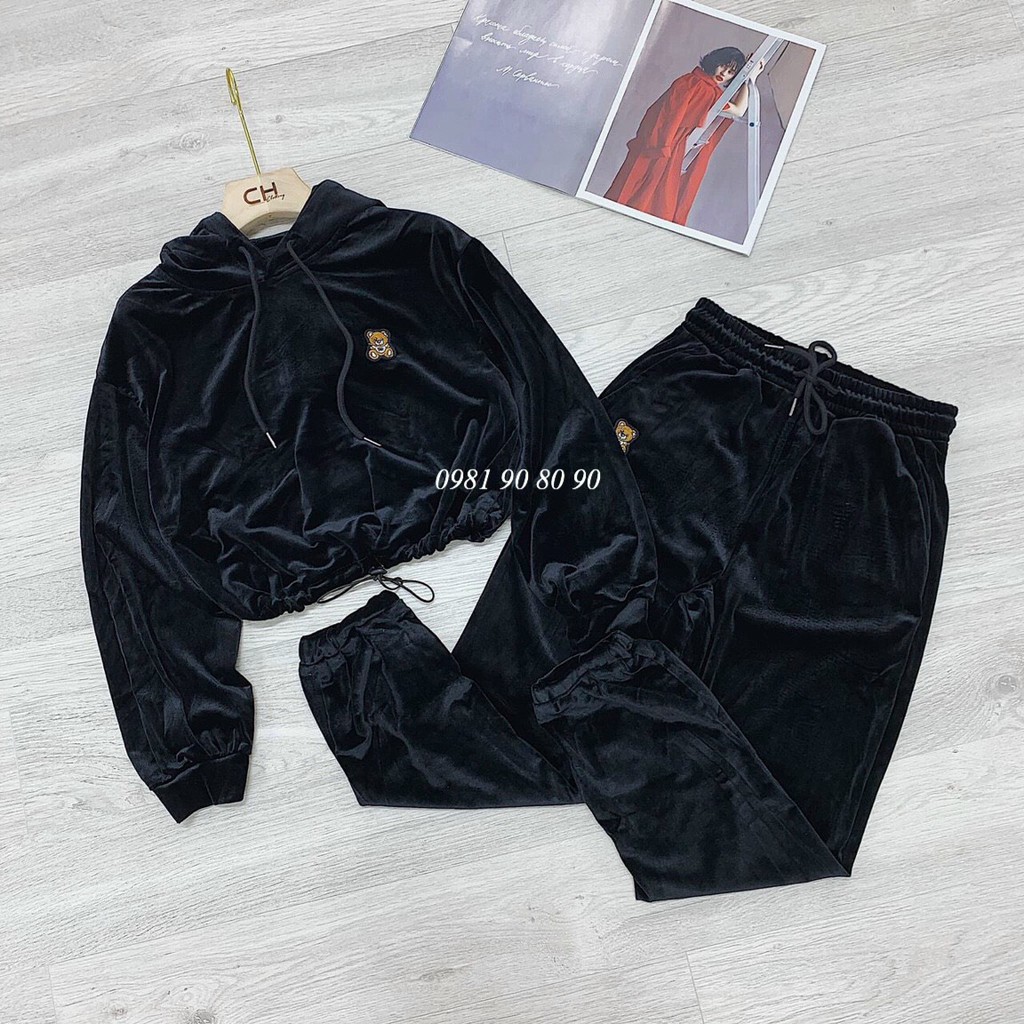 set đồ bộ nữ thu đông nhung có mũ thêu gấu lạ mắt