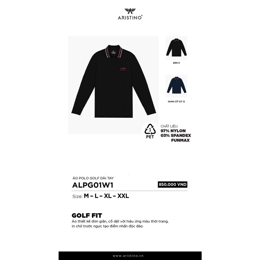 Áo GOLF ARISTINO Dài Tay Viền Cổ ALPG01W1