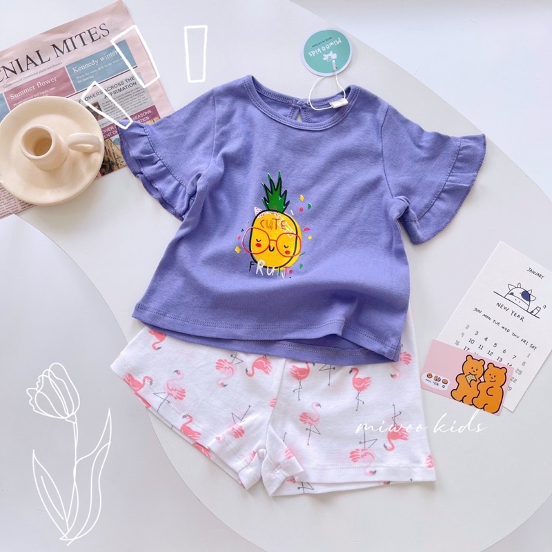 TN29 lô4  bộ bé gái Miwookid cotton hàn áo bèo tay in hình kem trái cây dễ thương cho trẻ từ 8kg đến 18kg