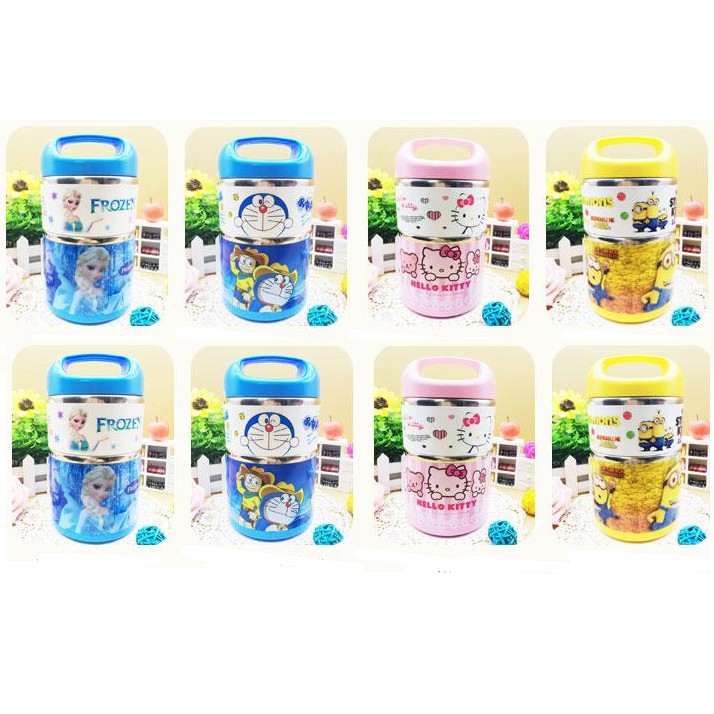 Cặp lồng cơm giữ nhiệt 2 tầng Hello Kitty và Dremon Minion Elsa T3B3