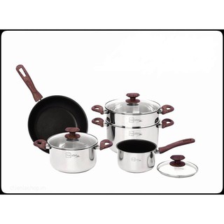 Bộ nồi quánh chảo chống dính 3 đáy từ inox 304 cao cấp FIVESTAR Plus quai gỗ nắp kính , tay cầm cách nhiệt