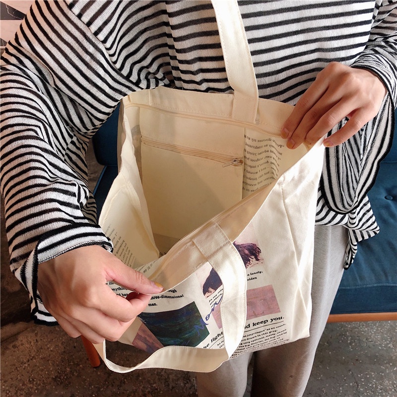 Túi vải Tote in hình phong cách đơn giản cho nữ