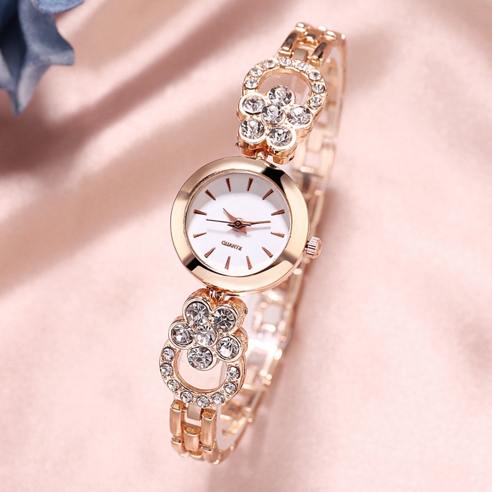 MACmk Elegant Women Rhinestone Flower Round Dial Alloy Band  Analog Quartz Wrist Watch