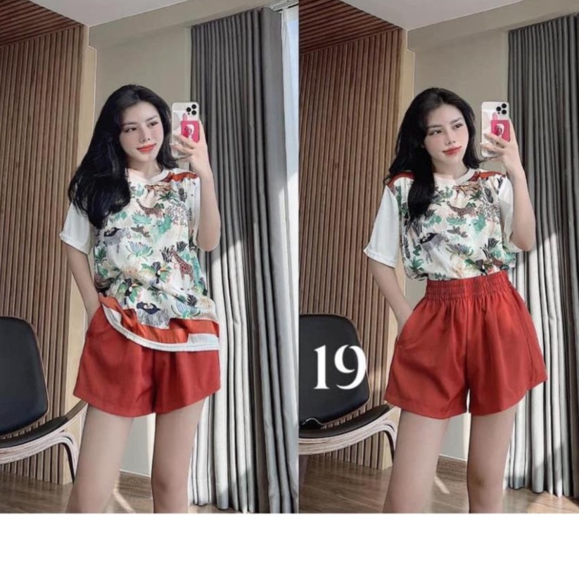 Đồ Bộ Nữ Mặc Nhà CELORA,  Bộ Thể Thao Nữ  Áo Cổ Tròn Tay Lở Chất Lụa Họa Tiết Phối Quần Short Màu Trơn Lưng Thun