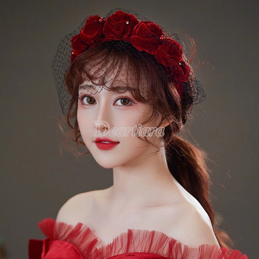 Băng Đô Cài Tóc Vải Lưới Đính Ngọc Trai Và Hoa Màu Đỏ Rượu Ngọt Ngào Cho Cô Dâu