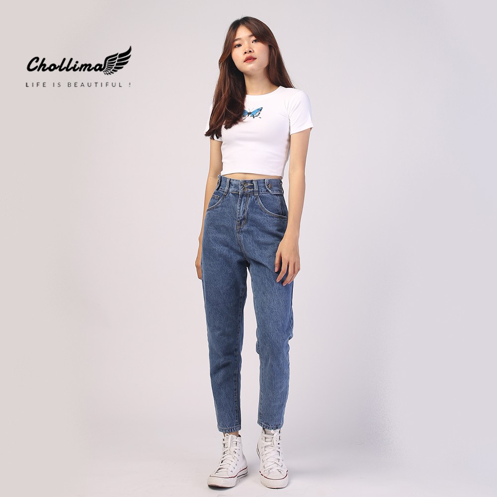Quần baggy jeans nữ Chollima form rộng 2 bách vuông,lưng thun QD016 phong cách hàn quốc