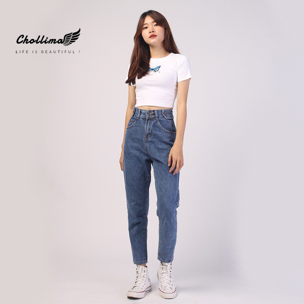 Quần baggy jeans nữ Chollima form rộng 2 bách vuông,lưng thun QD016