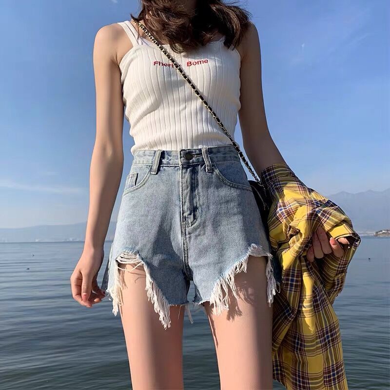 Quần Short Denim Lưng Cao Dáng Chữ A Ống Rộng Thời Trang Mùa Hè Phong Cách Hàn Quốc Mới Cho Nữ