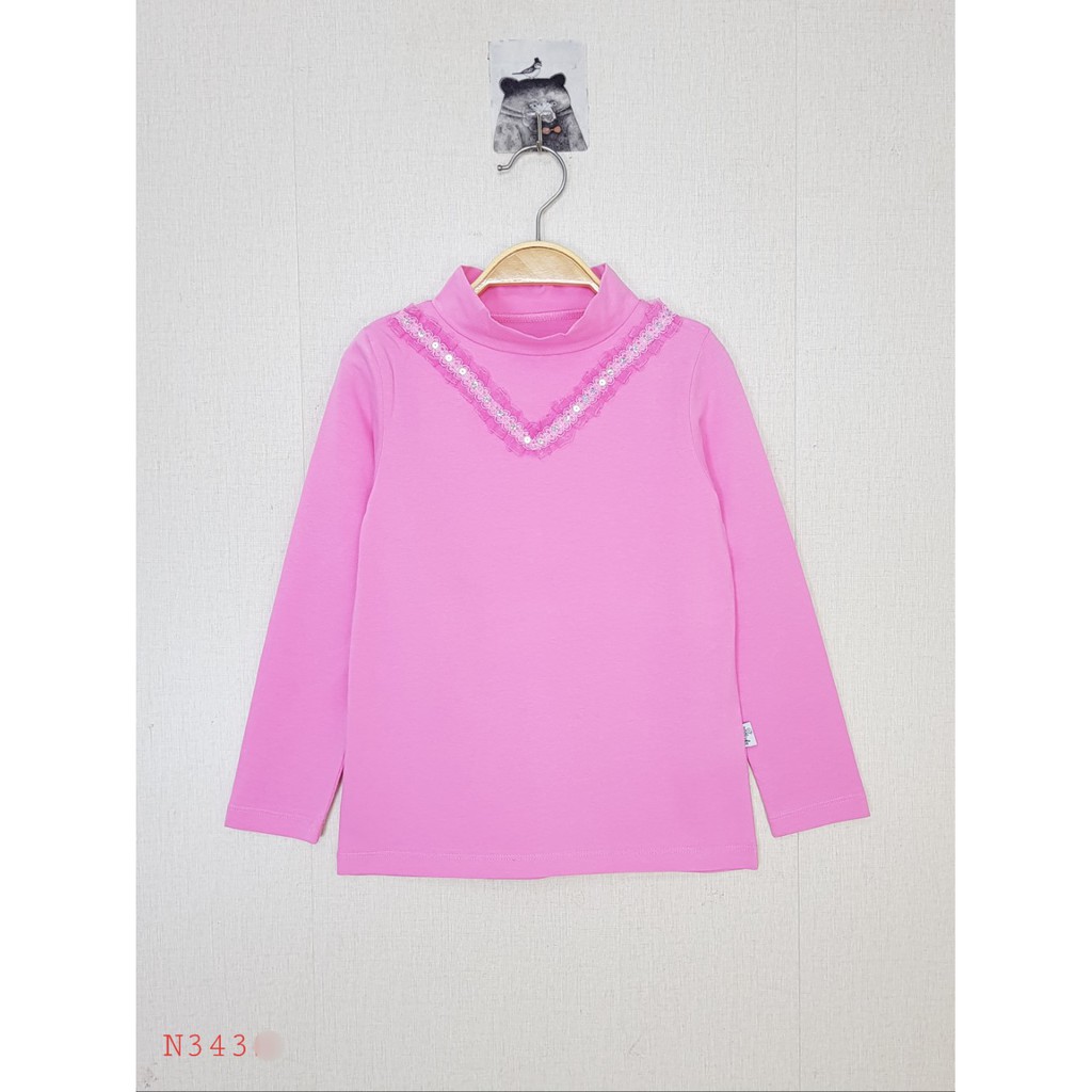 N343-Áo thun tay dài bé gái, chất cotton co giãn 4 chiều, cổ trụ phối nơ ren, màu hồng, made in Việt Nam