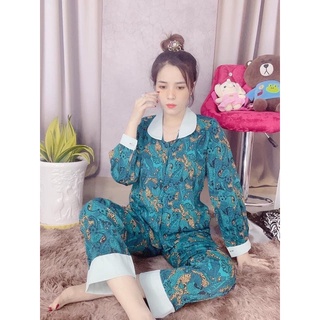Đồ Bộ Pijama Lụa Mango Cổ Sen Tay Dài Quần Dài