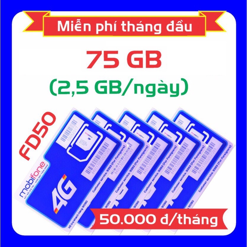 Sim 4G Mobifone MDT250A-MDT150-FD50 Trọn Gói 1 Năm Không Nạp Tiền