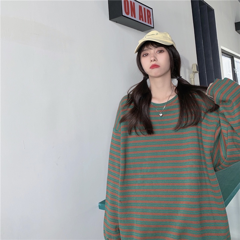 Áo Thun Nữ Tay Dài Kẻ Sọc Ngang Thời Trang Hàn Quốc Xinh Xắn