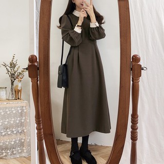 Kumivn ảnh thật đầm váy Grace dáng dài kiểu cổ điển Hàn Quốc màu nâu đậm