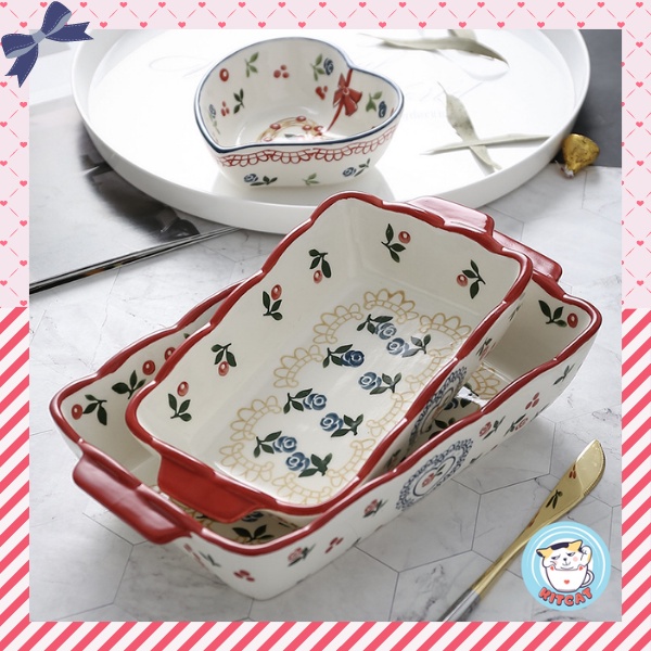 Khay nướng, khay đựng salad Cherry viền sóng gốm sứ vẽ tay thủ công dày dặn phong cách Hàn Quốc - Nhật Bản KITCAT STORE