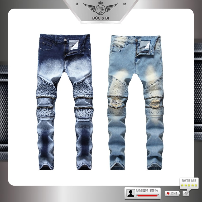 Quần jean nam rách vá gối đẹp độc lạ LEVAMEN chất liệu vải bò jeans co giãn 4 chiều rocker nhăn gối vân hình sao QJ016