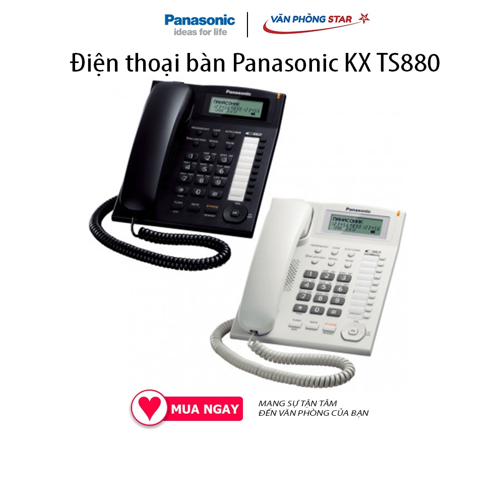 Điện thoại bàn Panasonic KX TS880. Màn hình LCD hiển thị só gọi đến. Danh bạ 50 số. Gọi nhanh bằng 1 phím bấm: 20 số